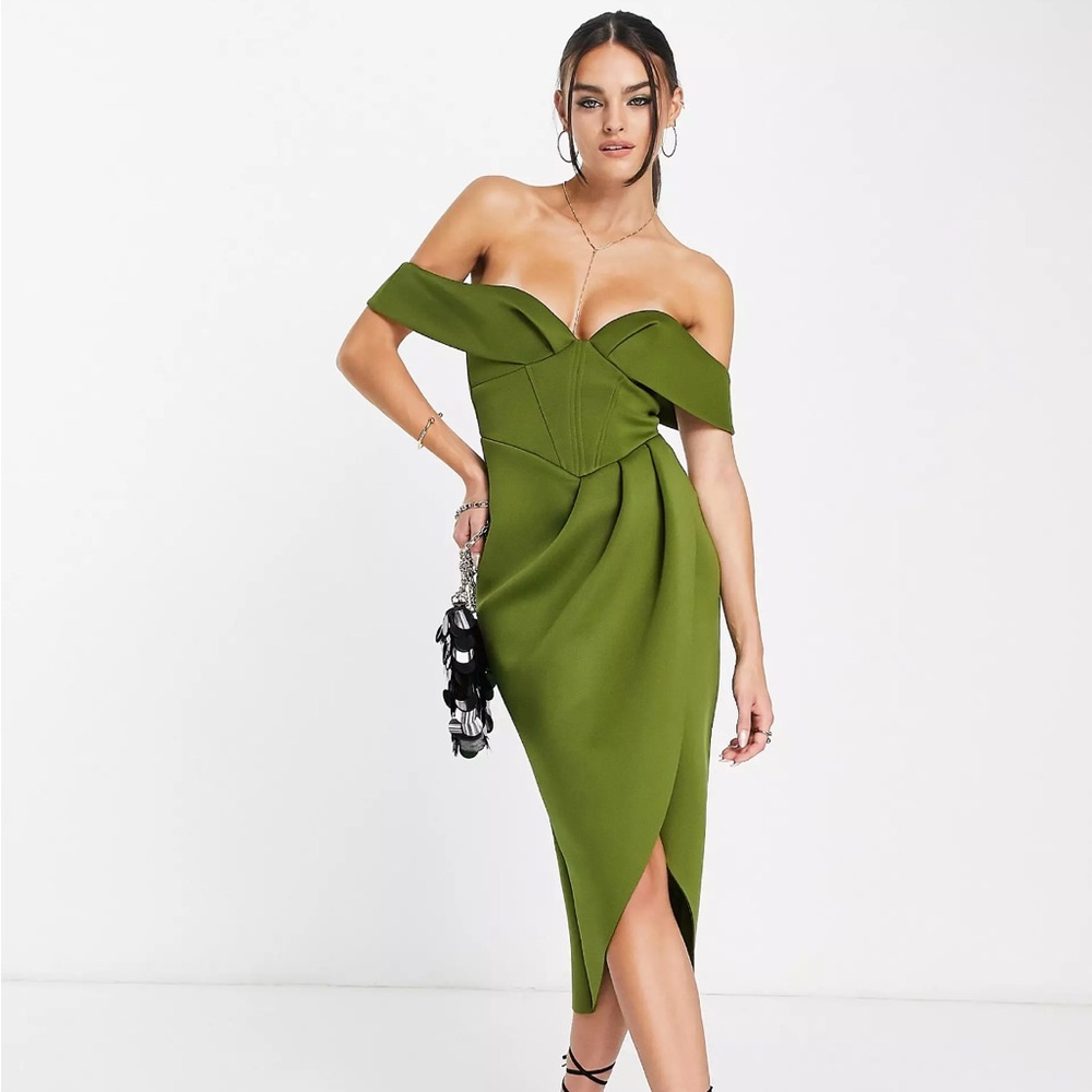 asos design off shoulder corset midi dress in olive